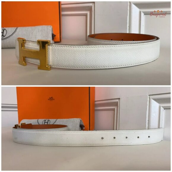 Authentic HERMES 32mm White/Orange Leather H Gold Reversible Buckle Belt 75/30